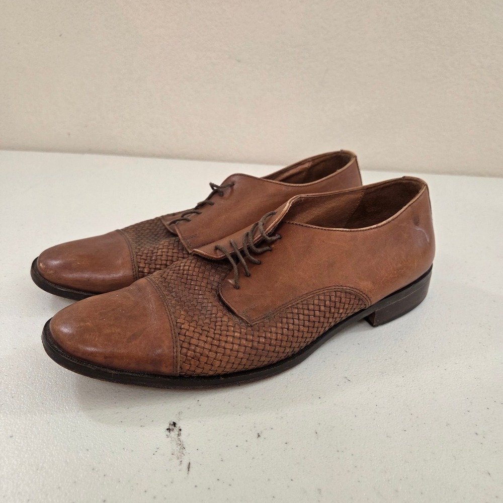 Nordstrom Mens 10.5 M Brown Leather Woven Cap Toe Derby Dress Shoes Italy 70930‎